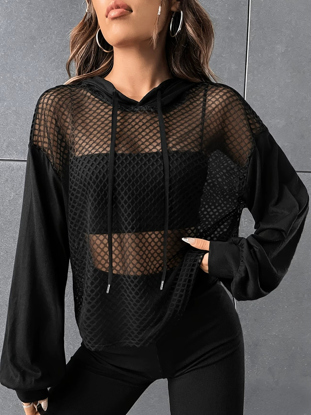ZARA Women Spring Summer Fashion Solid Color Cutout Mesh Casual Hoodie